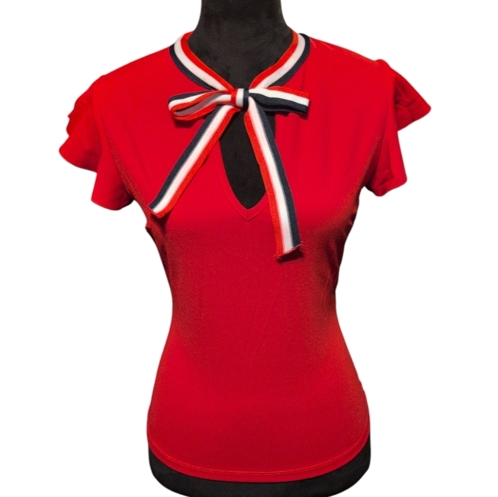 Red & Black Ruffle Cap Sleeve Top with Bow Front Detail